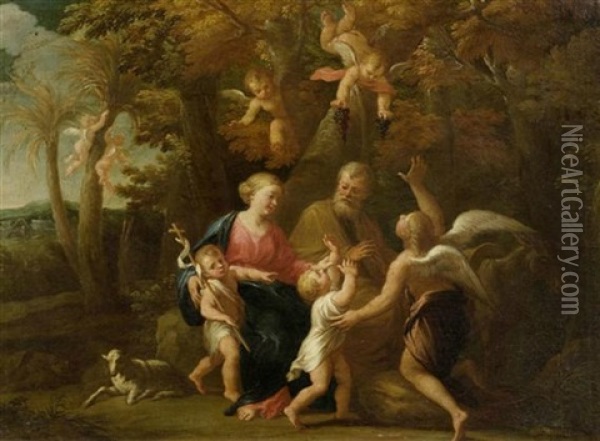 Heilige Familie Mit Johannes D. Taufer Und Putti In Einer Landschaft Oil Painting - Nicolas Poussin