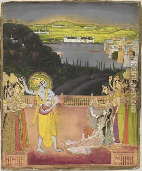 Krishna Celebrates Holi with Radha and the Gopis, from Kishangarh, Rajasthan, c.1755 Oil Painting - Nihal Chand