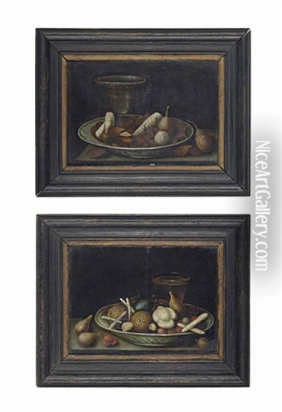 Sweetmeats, Almonds And Fruit In A Bowl, With A Beaker On A Stone Ledge (+ Sweetmeats And Nuts In A Bowl, With A Glass And Fruit On A Stone Ledge; Pair) Oil Painting - Gotthardt (Godert) de Wedig