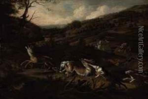 A Stag Hunt With Hounds Bringing Down A Stag In The Foreground,huntsmen Beyond Oil Painting - Jan Siberechts
