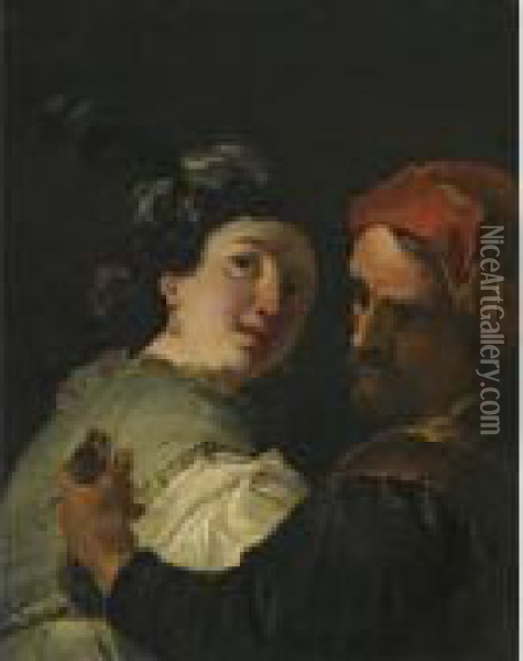 A Bearded Man Embracing A Young Woman Whilst Holding Amoney-bag Oil Painting - Francesco Fontebasso