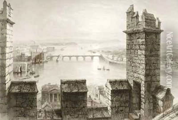 The River Shannon and Limerick from the Cathedral Tower, County Limerick Oil Painting - William Henry Bartlett