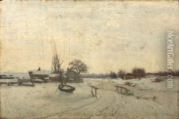 New England Winter Landscape With Bridge Over A Frozen River Oil Painting - Stephen Parrish