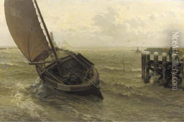 Leaving The Buitenhaven In Full Sail, Veere Oil Painting - Willem Bastiaan Tholen
