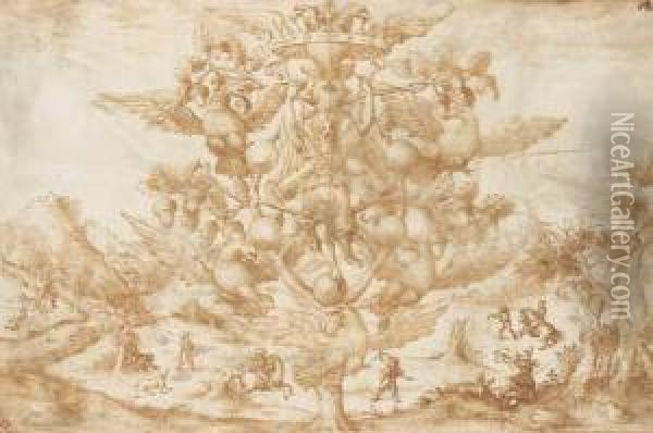 An Allegory Of Victory On A Oak Tree (the Badge Of The Della Roverefamily) Supporting The Arms Of The Medici And The Habsburgs, Ahunting Scene In The Background Oil Painting - Valerio Spada