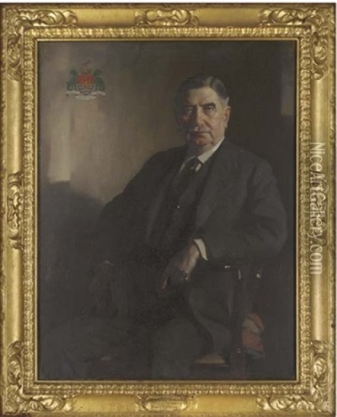Portrait Of Sir William Hannay Raeburn Seated In A Dark Suit, A Coat-of-arms To The Top Right Corner Oil Painting - James Bell Anderson