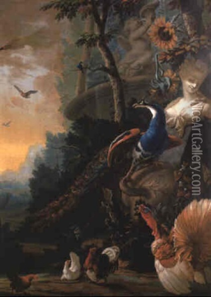 A Peacock On A Fallen Vase Beside A Fountain With Game Birds In A Landscape Oil Painting - Abraham Bisschop
