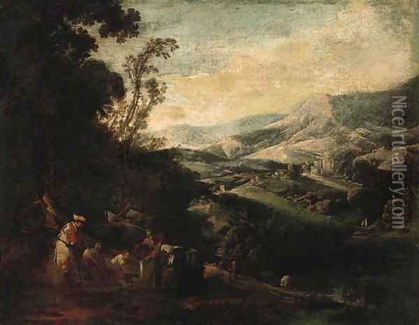A mountainous Landscape with Peasants drawing Water from a Well Oil Painting - Ignacio de Iriarte