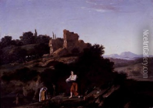 Washerwomen In A Southern Landscape Oil Painting - Cornelis Van Poelenburgh