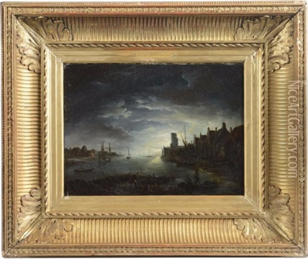 Le Port Au Clair De Lune Oil Painting - Louis Claude Mallebranche
