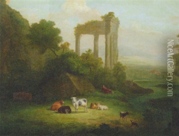 An Extensive Landscape With A Drover And Cattle Resting Before A Ruin Oil Painting - Jacob Philipp Hackert
