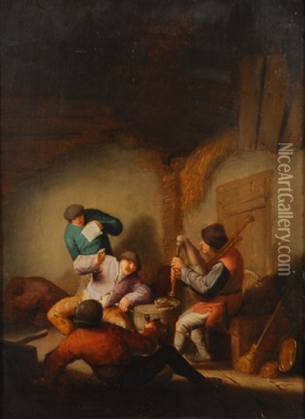 Interieur D'auberge Avec Paysans Et Joueur De Cornemuse Oil Painting - Adriaen Jansz van Ostade