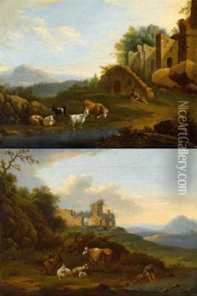 Landschaft Mit Hirten Und Ruinen (+ Another, Similar; Pair) Oil Painting - Jacob Philipp Hackert