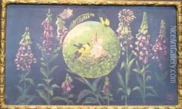 Foxgloves, Yellow Birds And Trouble Oil Painting - Frederick Stuart Church