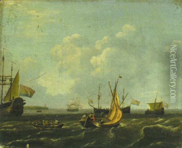 Segelboote, Ruderboot Und Niederlandische Dreimaster Vor Der Kuste Oil Painting - Adam Silo
