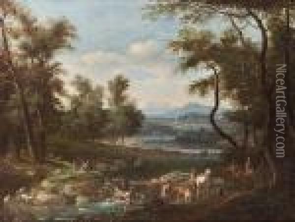 An Italianate Landscape With 
Travellers On A Riverside Path And A Shepherd With His Flock On The Far 
Bank Oil Painting - Antonio Diziani
