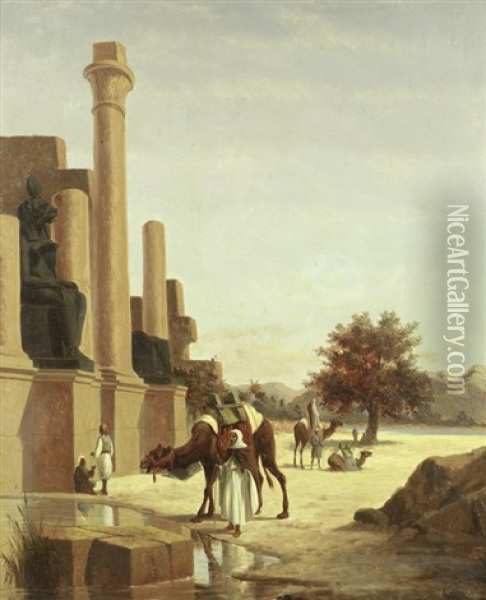 Camels And Riders Resting Before A Temple Oil Painting - Edwin Long