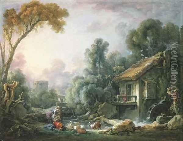 Le Moulin à Eau A landscape with a herdsman and his family by a mill Oil Painting - Francois Boucher