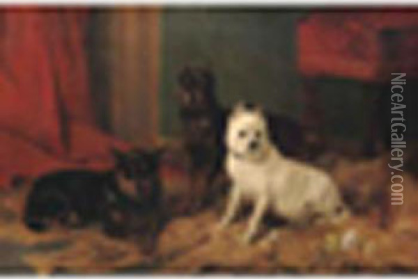 R.a. Twomanchester Terriers 
With An Old English White Terrier Signed Andinscribed ' R. Ansdell Esq, 7
 Victoria, Kensington, On An Old Labelon Reverse, Oil On Canvas 24 X 
36in Oil Painting - Richard Ansdell