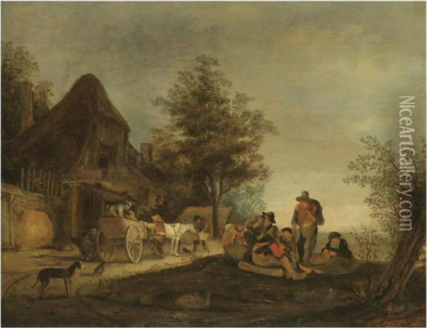 A Landscape With Peasants Sitting Outside A Tavern Beside Ahorse-and-cart Oil Painting - Isaack Jansz. van Ostade