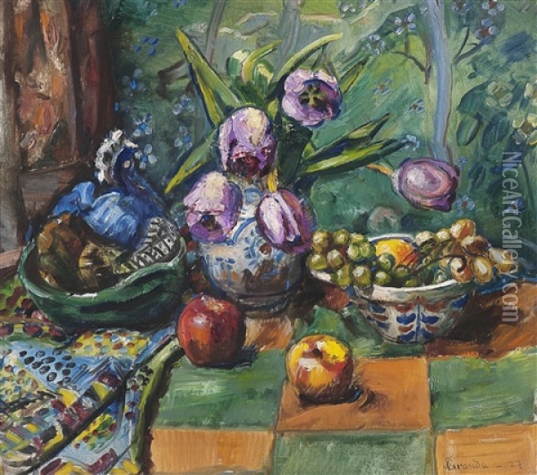 Oppstilling Med Tulipaner Og Frukt Oil Painting - Severin Grande