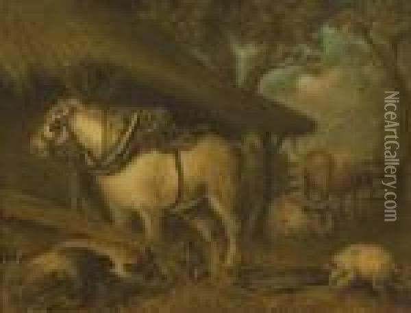 A Sand Picture Depicting A Shire
 Horse In Work Harness, Together With Swine And Cows In A Farmyard Oil Painting - George Morland