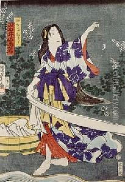 Pioraca Kobieta-scena Z Teatru Kabuki Oil Painting - Kunisada