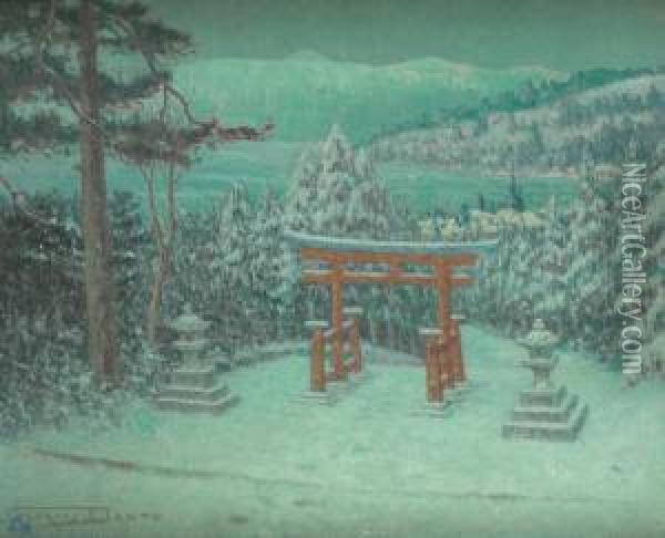 Un Jardin Sous La Neige Devant Le Lac Hakon Au Japon Oil Painting - Georges Dantu