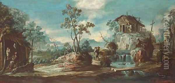 A river landscape with a hermit monk and travellers Oil Painting - Alessandro Magnasco