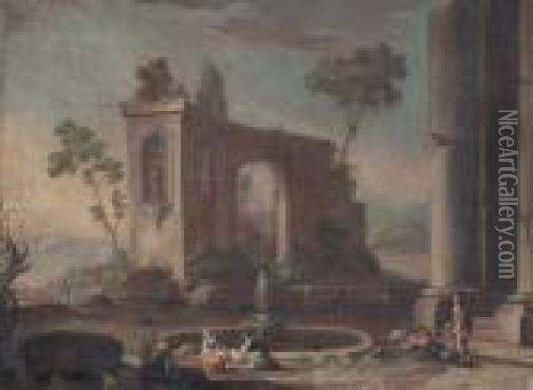 Paesaggio Con Rovine E Figure, Nei Pressi Di Una Fontana Oil Painting - Hubert Robert