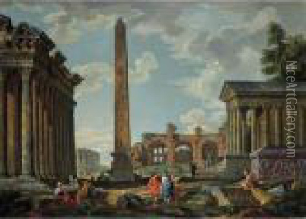 Veduta Ideata, Con Obelisco, Il Tempio Di Adriano E Quello Della Fortuna Virile Oil Painting - Giovanni Niccolo Servandoni
