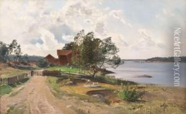 Schwedischer Bauernhof In Sommerlicher Fluslandschaft Oil Painting - Alfred Thorne