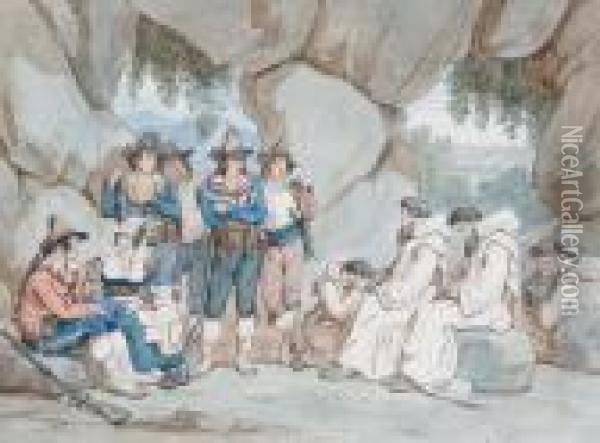 Frati Rapiti Dai Briganti Nel 1821, E Trasportati Dentro Una Grotta Per Ri... Denaro Oil Painting - Bartolomeo Pinelli