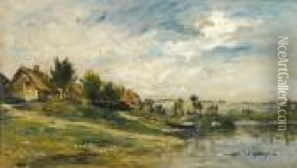 Maison Au Bord D'un Etang Huile 
Surpanneau Cachet De La Vente En Bas A Gauche. 39 X 67 Cm Oil Painting - Karl Pierre Daubigny