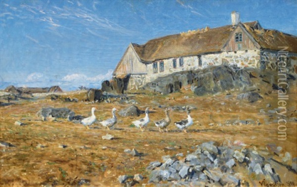 Geese In Front Of A Large Farmhouse Oil Painting - Viggo Johansen