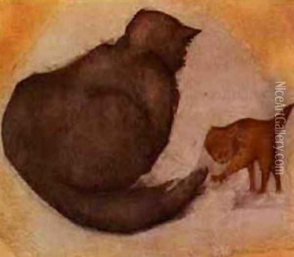 Cat and Kitten Oil Painting - Sir Edward Coley Burne-Jones
