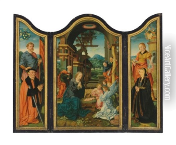 The Brauweiler Triptych: The Central Panel: The Adoration Of Christ; The Left Wing: Saint Gereon With The Donor Arnold Von Brauweiler (1468-1552), Burgermeister Of Cologne, With The Brauweiler Coat-of-arms; The Right Wing: Saint Barbara With The Donor's W Oil Painting - Bartholomaeus Bruyn the Elder