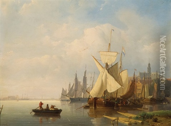 Vessels In Dutch Port Oil Painting - Johan Adolph Rust