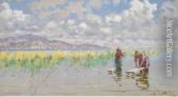 Scorcio Del Lago Di Massaciuccoli Con Due Lavandaie Oil Painting - Angiolo Tommasi
