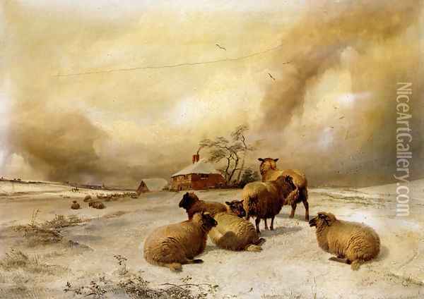 Sheep In A Winter Landscape Oil Painting - Thomas Sidney Cooper
