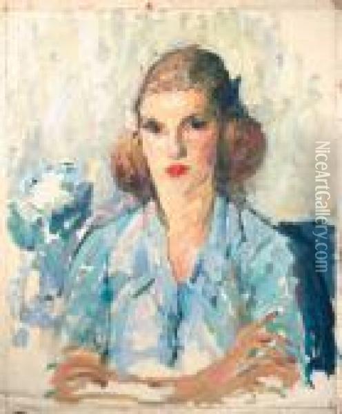 A Portrait Of A Lady In Blue Oil Painting - Joseph Morris Raphael