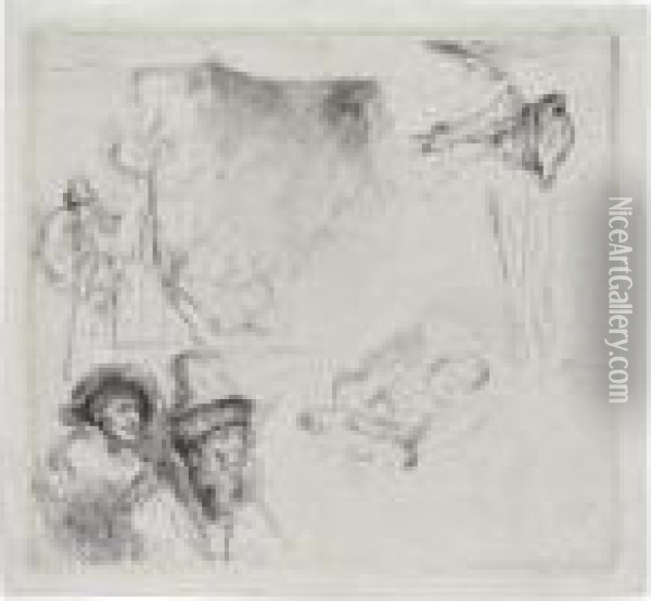 Sheet Of Studies, With A Woman Lying Ill In Bed (b., Holl. 369; H. 163; Bb. 38-2) Oil Painting - Rembrandt Van Rijn