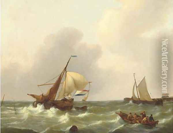 Dutch vessels on a choppy sea by a harbour entrance Oil Painting - Johannes Christian Schotel