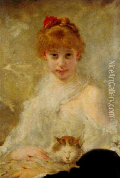 Jeune Fille Au Chat Oil Painting - Charles Joshua Chaplin