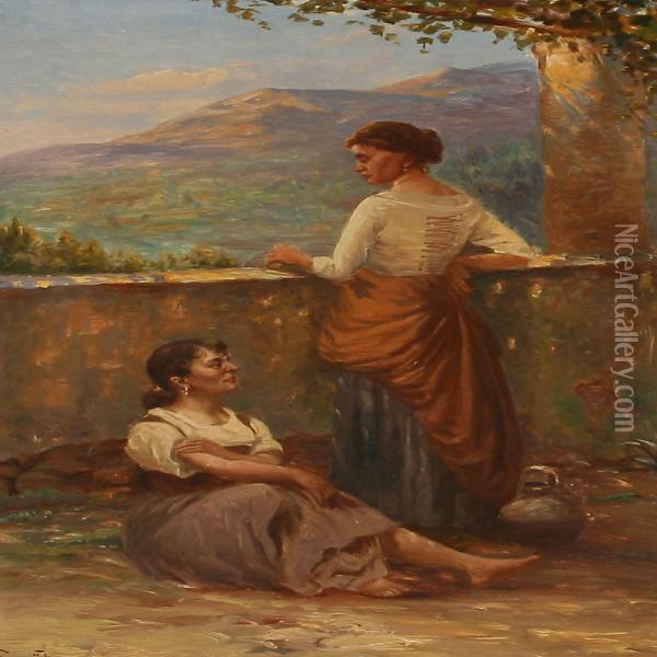 Scenen From Italy With Two Women Resting In A Pergola Oil Painting - Olaf Simony Jensen