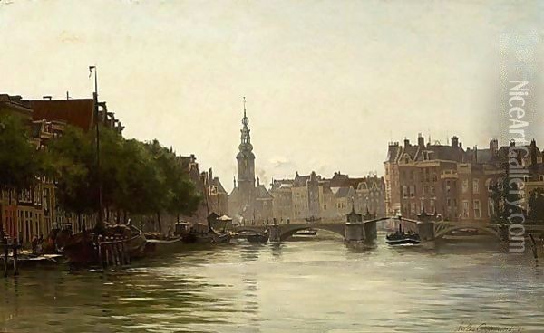 A View Of The River Amstel And The Munttoren, Amsterdam Oil Painting - Willem Johannes Oppenoorth