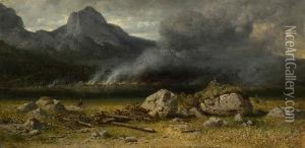 Waldbrand Am Hochgebirgssee Mit
 Fliehendem Hochwild. Oil Painting - August Albert Zimmermann