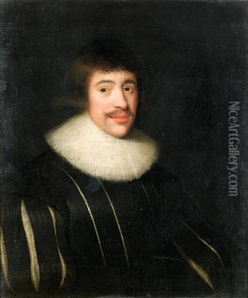 Portrait Of Sir John Hope, Lord Craighall In Black Costume With A White Lace Ruff Oil Painting - George Jamesone