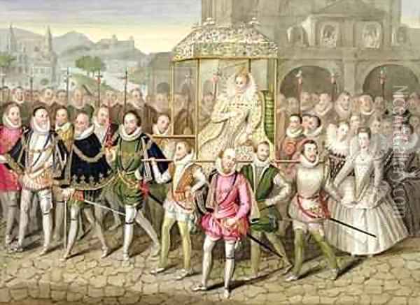 Queen Elizabeth I in procession with her Courtiers from Memoirs of the Court of Queen Elizabeth Oil Painting - Sarah Countess of Essex
