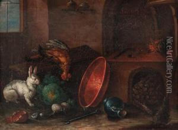 A Rabbit Near A Cabbage, A Copper Pan And Other Utensils In Akitchen Oil Painting - Justus Juncker